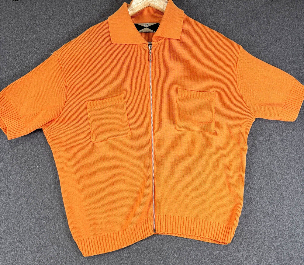 525 America Womens Small Orange Knit Full Zip Short Sleeve Collared Cardigan USA